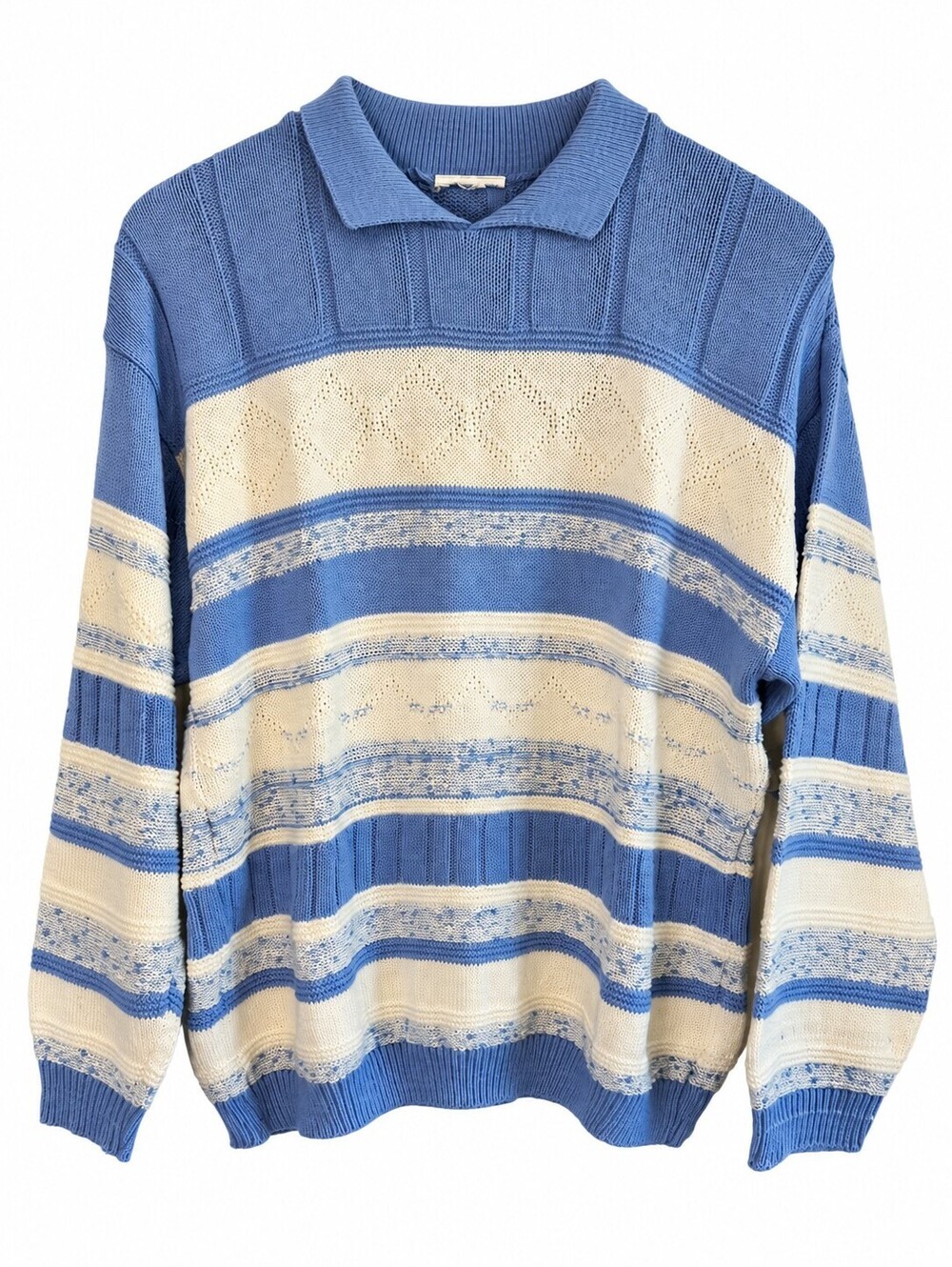 Vintage 80s 90s Blue Striped Mixed Stitch Polo Sweater USA Made L